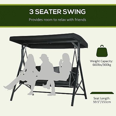 Outsunny 3-Seat Outdoor Porch Swing, Adjustable Canopy, Cushions, Black