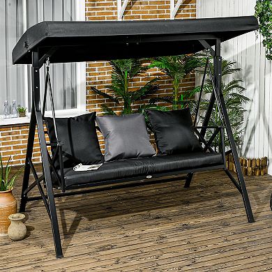 Outsunny 3-Seat Outdoor Porch Swing, Adjustable Canopy, Cushions, Black