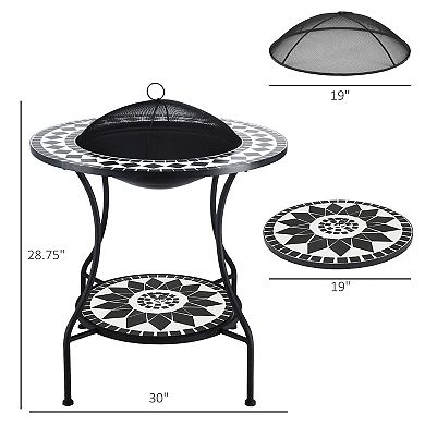 Outsunny 30" Outdoor Fire Pit & Ice Bucket & Side Table, Round Tile Tabletop, Steel Wood Burning Bowl, Spark Screen Lid for Patio, Backyard, Patio, Garden, Mosaic