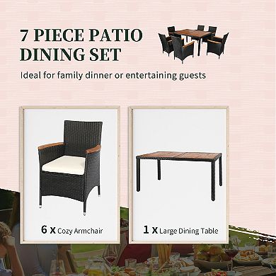 7 Pcs Patio Wicker Dining Set W/acacia Wood Table Top & Soft Oushion