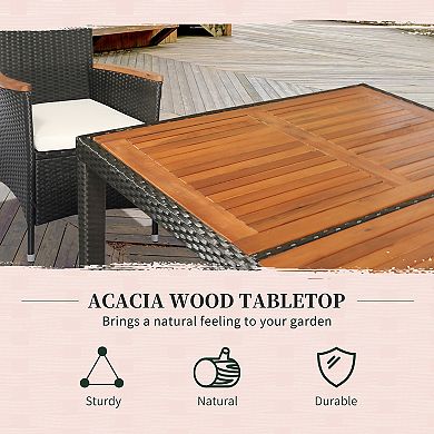 7 Pcs Patio Wicker Dining Set W/acacia Wood Table Top & Soft Oushion