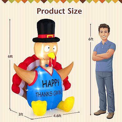 6 Feet Thanksgiving Inflatable Turkey Harvest Day Decoration with Lights for Lawn