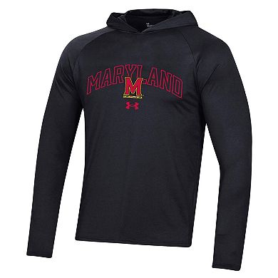 Men's Under Armour Black Maryland Terrapins 2023 Sideline Tech Hooded Raglan Long Sleeve T-Shirt