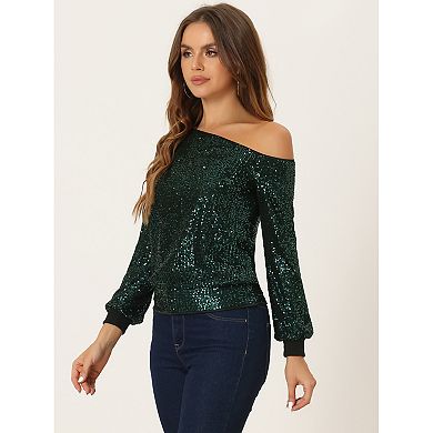 One Shoulder Sequin Tops For Women's Long Sleeve Holiday Party Sparkly Top