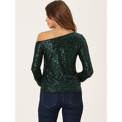 One Shoulder Sequin Tops For Women's Long Sleeve Holiday Party Sparkly Top