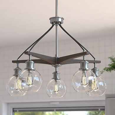 Avondale 25.5-in Satin Nickel and Wood Farmhouse 5 Light Chandelier Dining Room Hanging Fixture, Clear Seeded Glass Globes