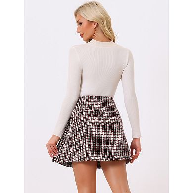 Plaid Tweed Mini Skirt For Women's Elegant High Waist A-line Button Front Skirts