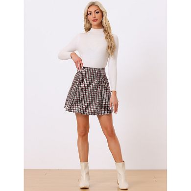 Plaid Tweed Mini Skirt For Women's Elegant High Waist A-line Button Front Skirts