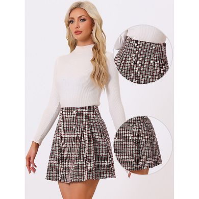 Plaid Tweed Mini Skirt For Women's Elegant High Waist A-line Button Front Skirts