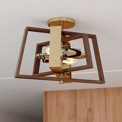 Dunning 16-in W Brass and Chestnut MCM Transitional Semi Flush Mount Ceiling Light