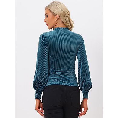 Elegant Velvet Top For Women's Crew Neck Puffy Long Sleeve Rib Velour Blouse