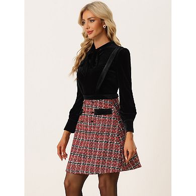 Vintage Plaid Suspender Skirt for Women's Button Decor High Waist Tweed Overall Skirts