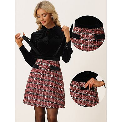 Vintage Plaid Suspender Skirt for Women's Button Decor High Waist Tweed Overall Skirts