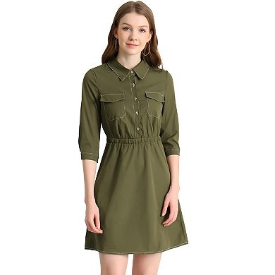 Women's Collared Elastic Waist 3/4 Sleeve Utility Safari Shirt Dress