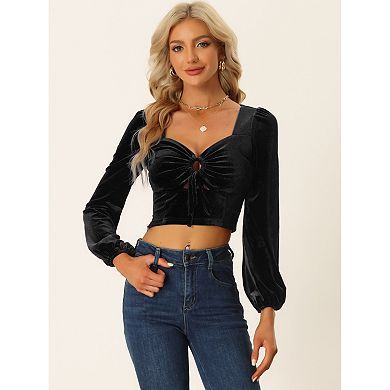 O-ring Cut Out Tops For Women's Sweetheart Neck Long Sleeve Crop Velvet Blouse Top