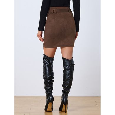 Faux Suede Skirt For Women's Casual High Waist Belted A-line Mini Skirts