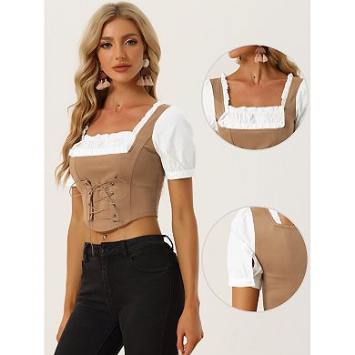 Puff Sleeve Blosue for Women's Square Neck Faux Suede Contrast Lace Up Crop Top