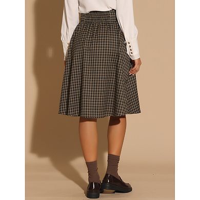 Plaid Skirts For Women's Vintage High Waist Double Belted A-line Midi Skirt