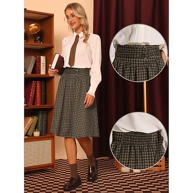 Plaid Skirts For Women's Vintage High Waist Double Belted A-line Midi Skirt