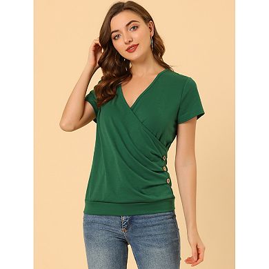 Women's Wrap V Neck Short Sleeve Button Decor Ruched Top