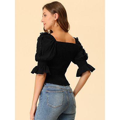 Women's Smocked Ruffle Square Neck Blouse Top