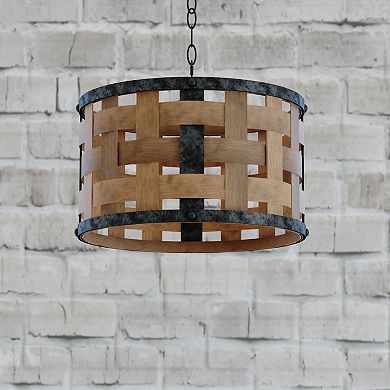 Norwood 1L Gray Industrial Woven Wood Drum Pendant Hanging Ceiling Light