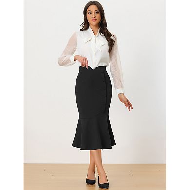 Midi Skirt for Women's High Waist Elegant Button Decor Stretch Mermaid Skirts