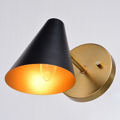 Pryce 1 Light Matte Black and Gold Satin Brass Mid-Century Modern Wall Sconce Fixture with Metal Cone Shade