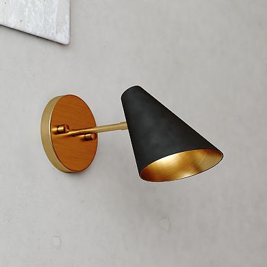 Pryce 1 Light Matte Black and Gold Satin Brass Mid-Century Modern Wall Sconce Fixture with Metal Cone Shade