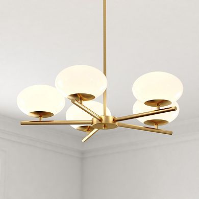 Sloane 5 Light LED Gold Satin Brass Mid-Century Modern Chandelier with White Glass Globes