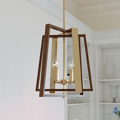 Dunning 4L Brass and Chestnut MCM Transitional Pendant Hanging Ceiling Light