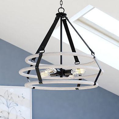 Taylor 4L Black and Ash Gray Drum Cage Industrial Pendant Light with Fabric Straps