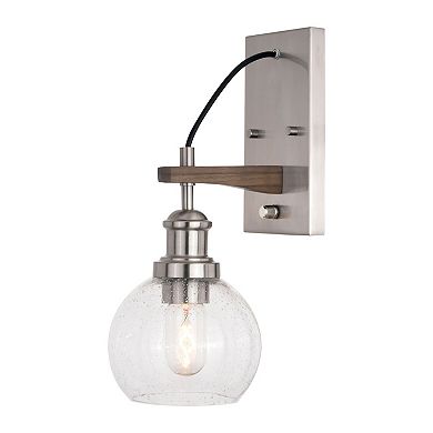 Avondale 6-in Satin Nickel and Wood Farmhouse Plug In Wall Sconce Reading Light, Clear Seed Glass Globe, On/Off Switch