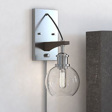 Avondale 6-in Satin Nickel and Wood Farmhouse Plug In Wall Sconce Reading Light, Clear Seed Glass Globe, On/Off Switch