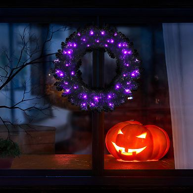 24-Inch Pre-lit Halloween Wreath with Purple LED Lights - Waterproof Battery Box and Timing Function