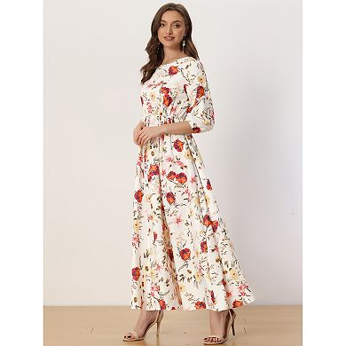 Women's Floral Maxi Dress Casual Puff Sleeve Flowy A Line Long Dresses