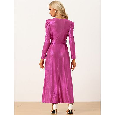 Women's Vintage V Neck Long Sleeve Belted Metallic Shiny Party Midi Dress