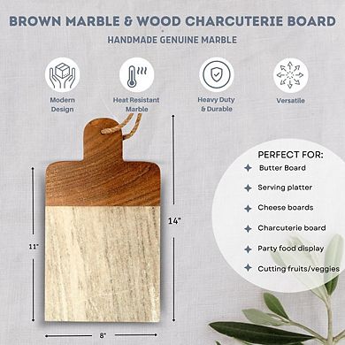 Brown Marble and Wood Accent Charcuterie Board with Handle