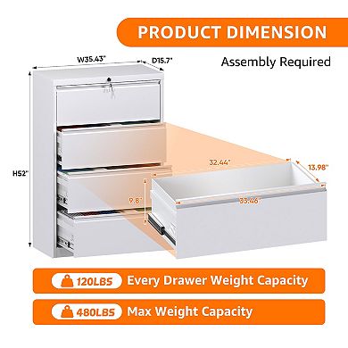 AOBABO 4 Drawer Lateral File Cabinet w/ Lock for Letter/Legal Size Paper