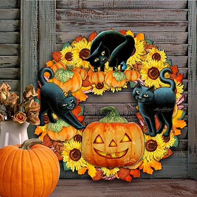 Halloween Cats Holiday Door Wreath by Laura Seeley - Thanksgiving Halloween Decor