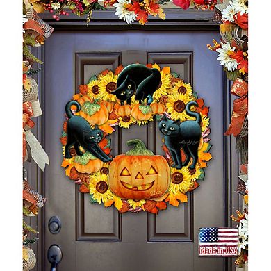 Halloween Cats Holiday Door Wreath by Laura Seeley - Thanksgiving Halloween Decor