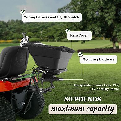 Field Tuff 12V Lawn Tractor 80 Pound Capacity Grass, Seed, Fertilizer Spreader