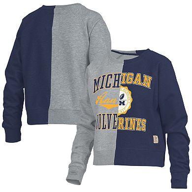 Women's Pressbox  Heather Gray Michigan Wolverines Half and Half Raglan Pullover Sweatshirt