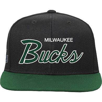 Youth Mitchell & Ness Black Milwaukee Bucks Team Script Snapback Hat