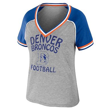 Women's WEAR by Erin Andrews Heather Gray Denver Broncos Throwback Raglan V-Neck T-Shirt