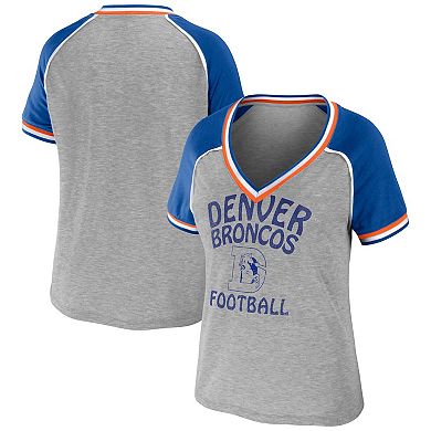 Women's WEAR by Erin Andrews Heather Gray Denver Broncos Throwback Raglan V-Neck T-Shirt