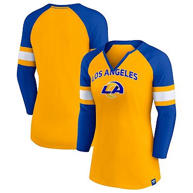 Women's Fanatics Branded Gold/Royal Los Angeles Rams Arch Raglan 3/4-Sleeve Notch Neck T-Shirt