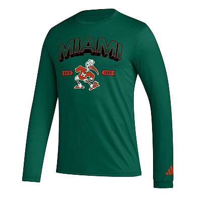 Men's adidas Green Miami Hurricanes Mighty Mascot Pregame Long Sleeve T-Shirt