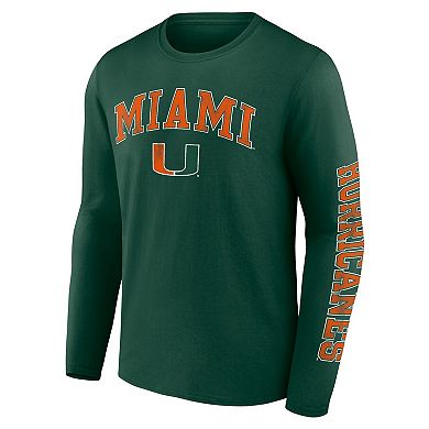 Men's Fanatics Branded Green Miami Hurricanes Distressed Arch Over Logo Long Sleeve T-Shirt