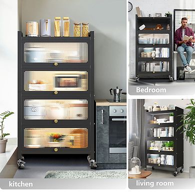 4 Door Accent Cabinet, 5 Tier Kitchen Organizer Shelf, Black
